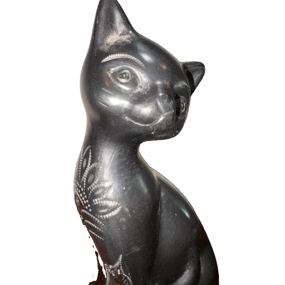 Vintage MCM Black Cat Figure Long Neck Sitting Ceramic Art Deco Mid Century